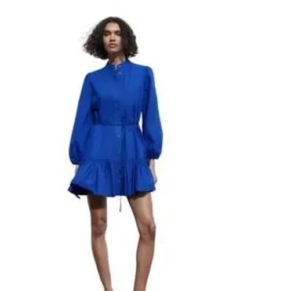 NWT ZARA BLUE RUFFLED BELTED DRESS - Picture 6 of 9